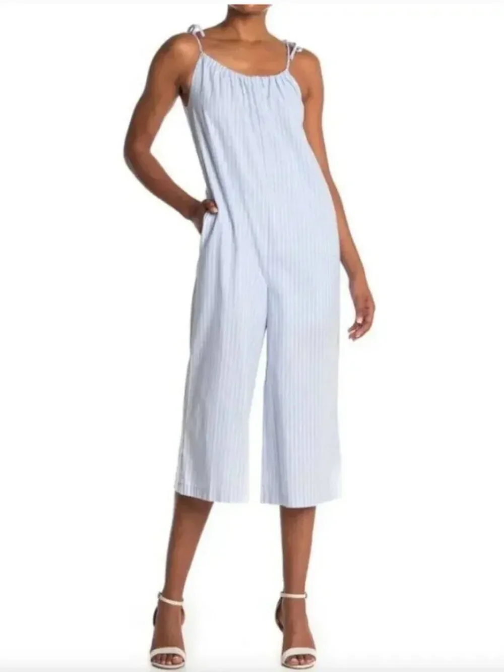 LOST + WANDER Linen Blend Wide-Leg Cropped Striped Jumpsuit